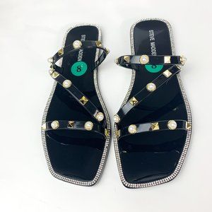 NEW Steve Madden jellah black gold stud pearl detail square toe sandal 8